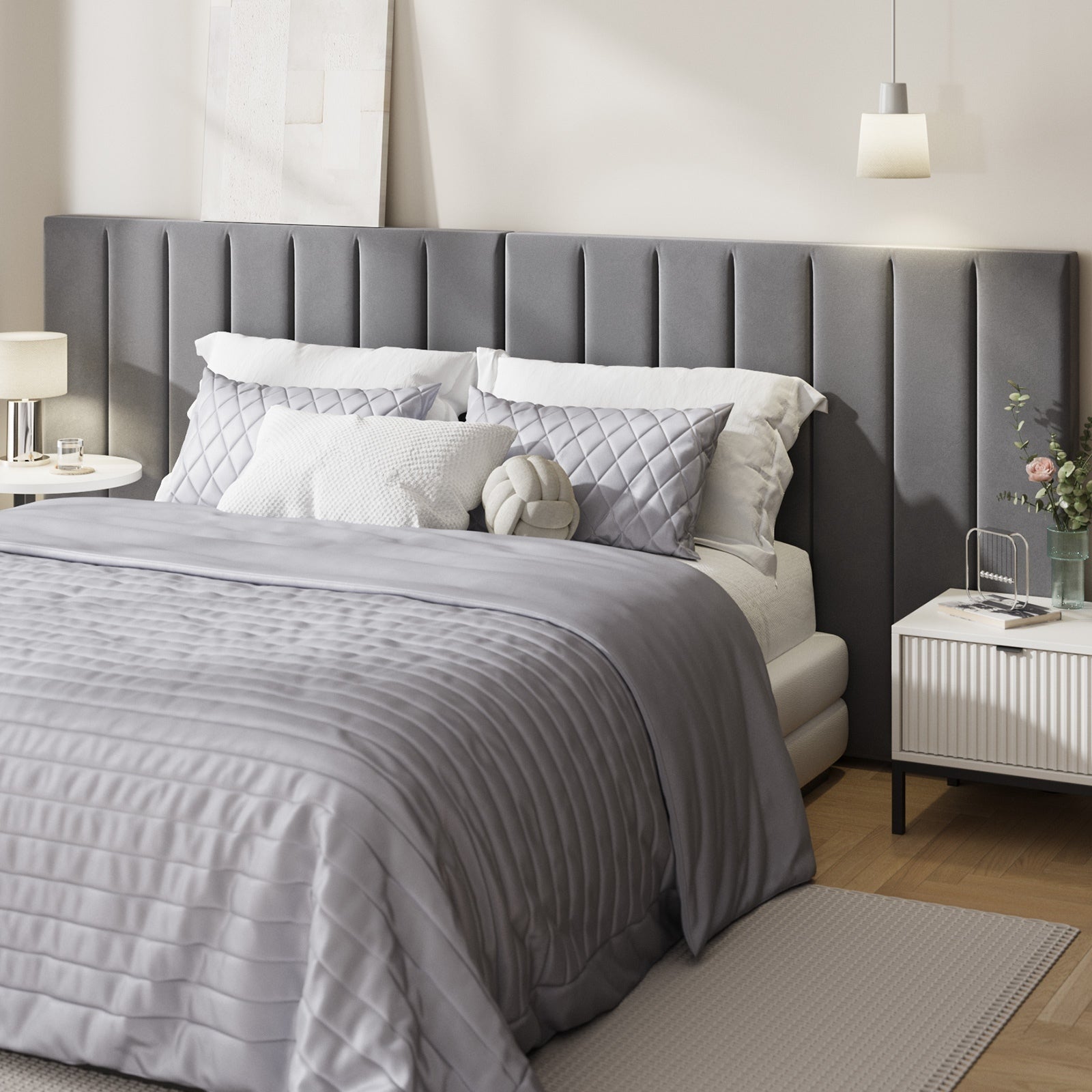 Oikiture Headboard Queen Double King Single Bedhead Velvet Fabric Grey - Sunyee