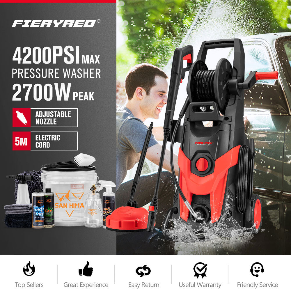2700W Peak High Pressure Washer Cleaner 4200PSI Red + 10PCS Car Cleaning Kit - Sunyee