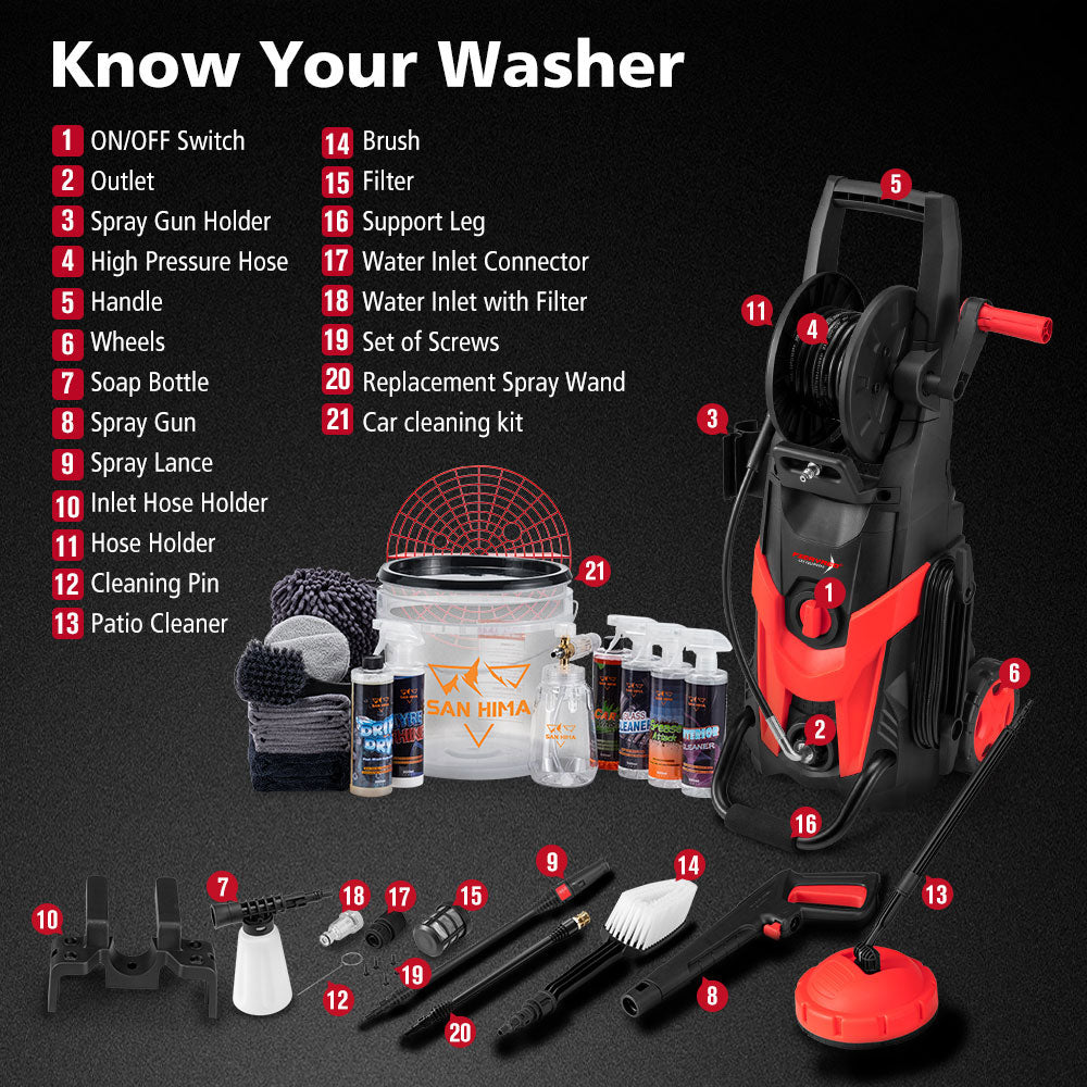 2700W Peak High Pressure Washer Cleaner 4200PSI Red + 18PCS Car Cleaning Kit - Sunyee