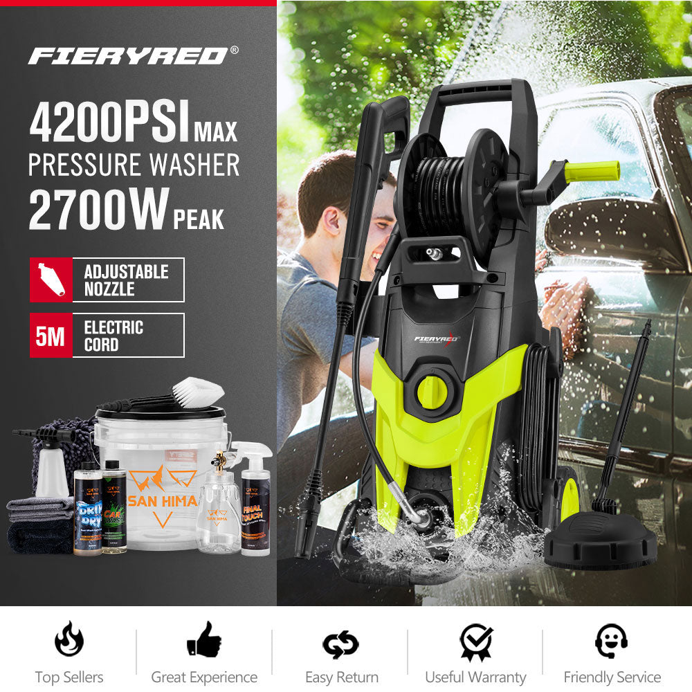 2700W Peak High Pressure Washer Cleaner 4200PSI Green + 10PCS Car Cleaning Kit - Sunyee
