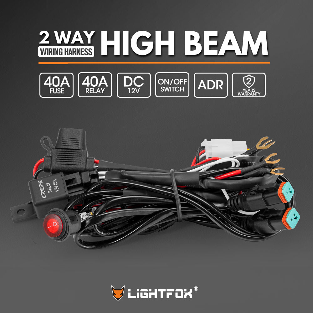 Lightfox 2 Way High Beam Wiring Harness w/ DT 2-Pin Connectors For LED Light Bar - Sunyee