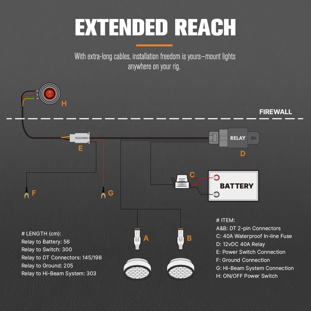 Lightfox 2 Way High Beam Wiring Harness w/ DT 2-Pin Connectors For LED Light Bar - Sunyee