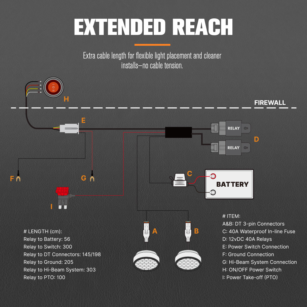 Lightfox 2 Way High Beam Wiring Harness w/ DT 3-Pin Connectors For LED Pod Light - Sunyee