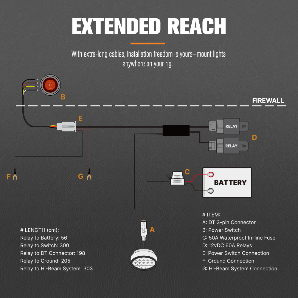 Lightfox High Beam Wiring Harness with DT 3-Pin Connectors For LED Pod Light - Sunyee