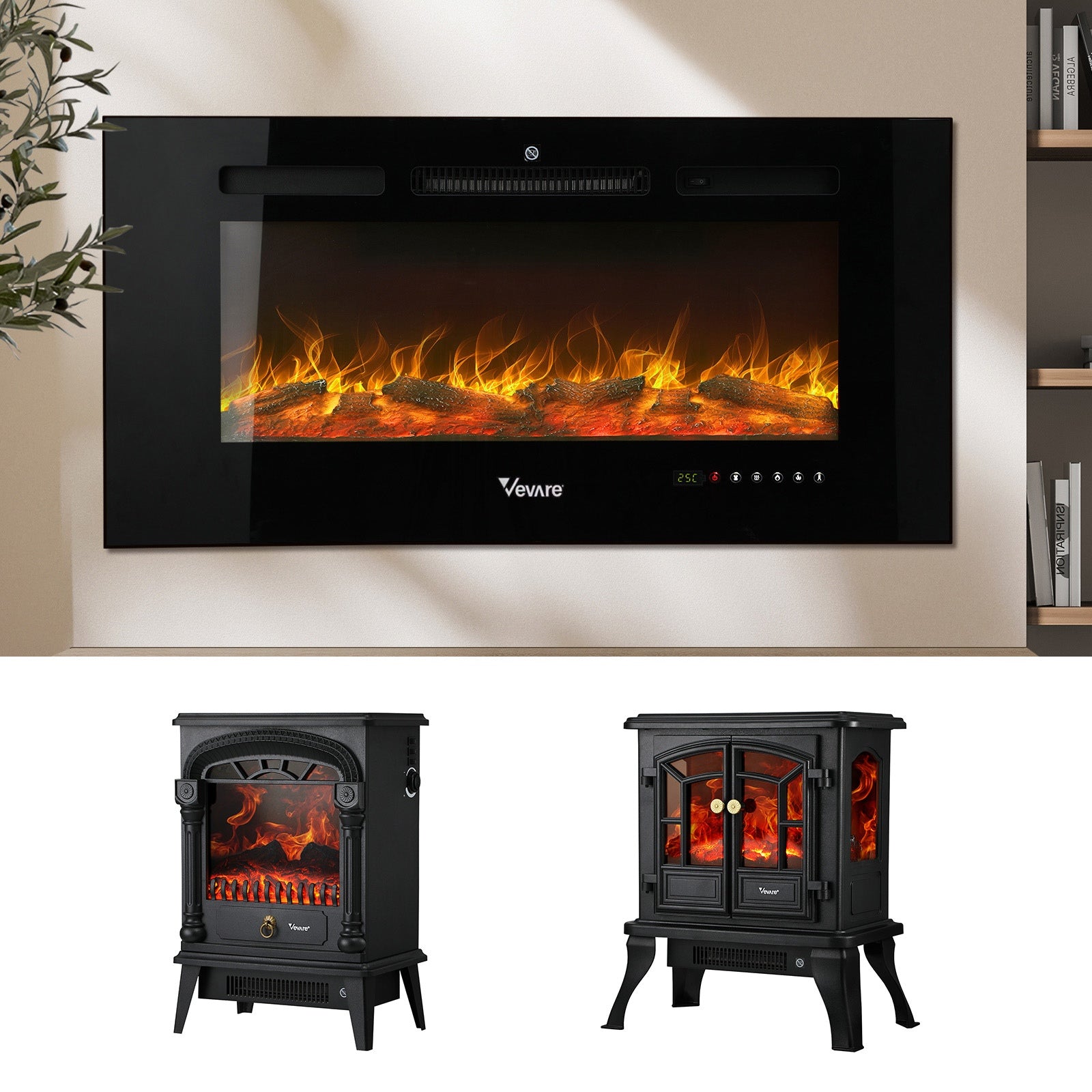 Vevare 2000W Electric Fireplace Heater 3D Flame Effect Wall Mounted Freestanding - Sunyee