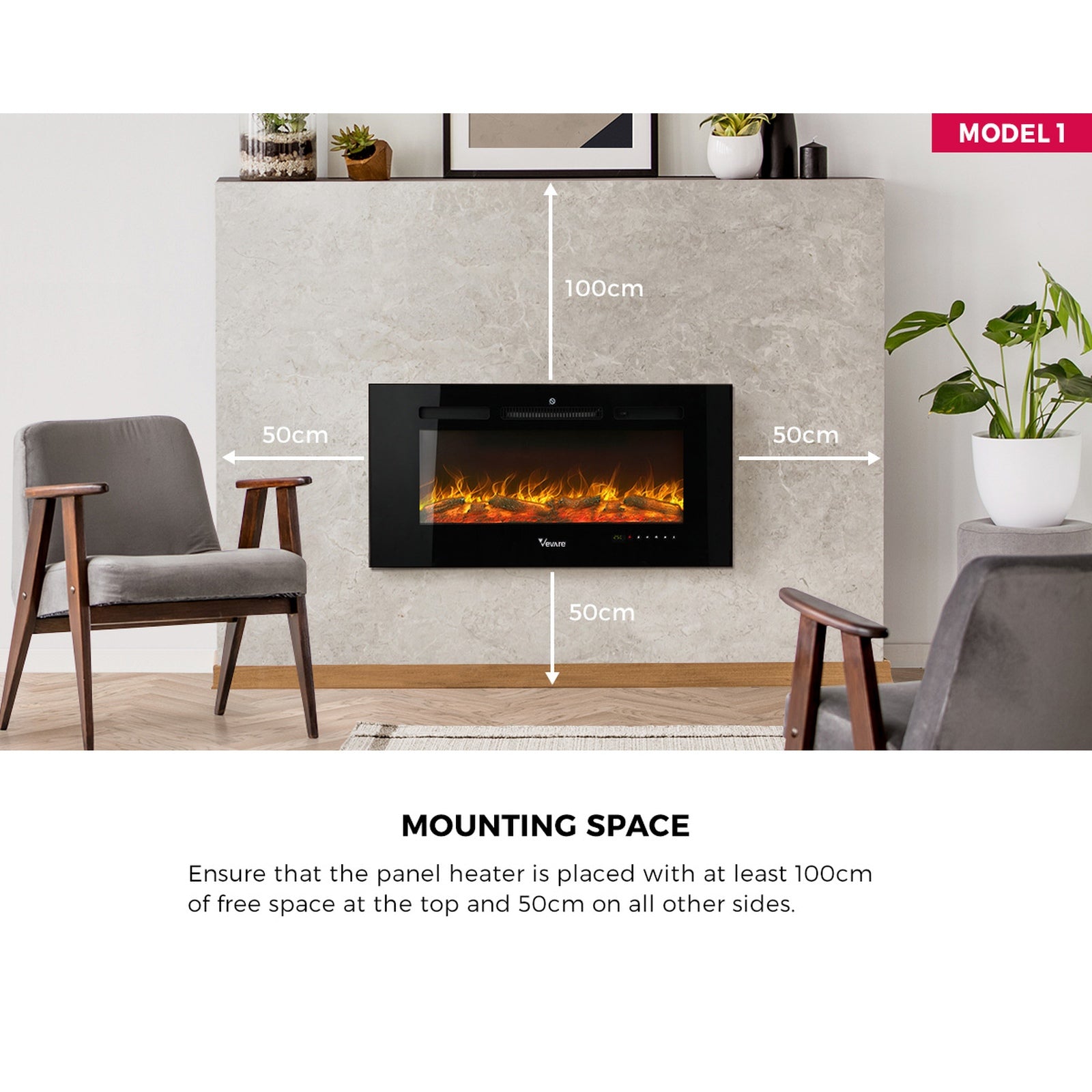 Vevare 2000W Electric Fireplace Heater 3D Flame Effect Wall Mounted Freestanding - Sunyee