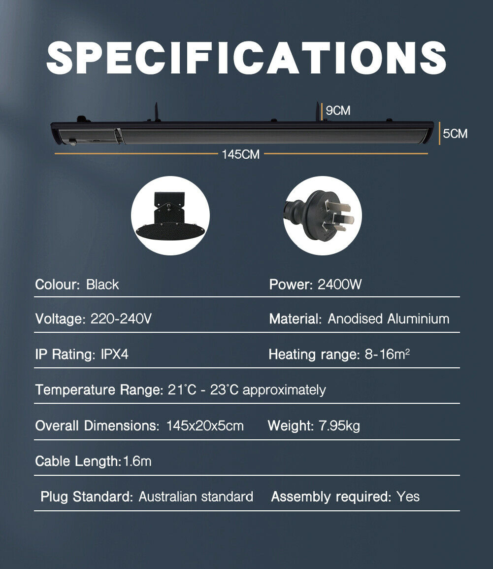 Electric Infrared Radiant Strip Heater Outdoor 2400W Panel Heat Bar w/ Remote - Sunyee