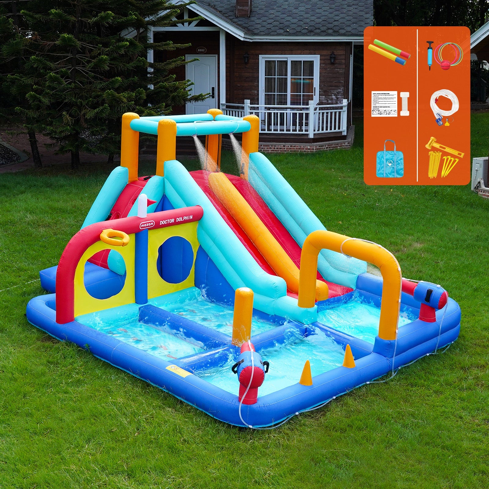 Doctor Dolphin 10-IN-1 Inflatable Water Park Jumping Castle Dual Slides Blower - Sunyee