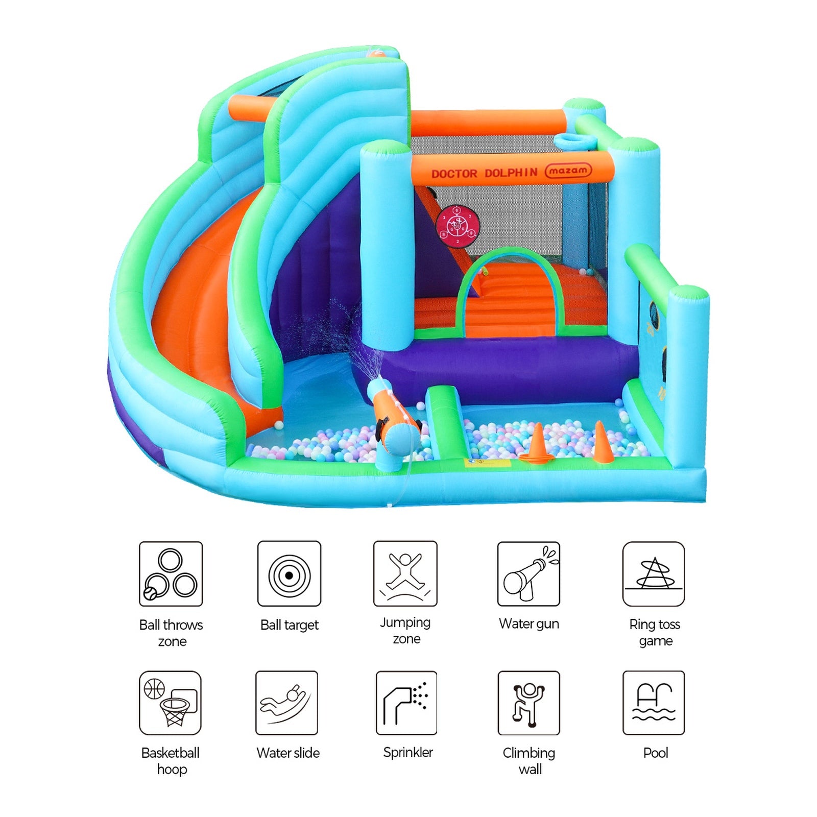 Doctor Dolphin 10-IN-1 Inflatable Water Park Jumping Castle Bounce Pool Blower - Sunyee