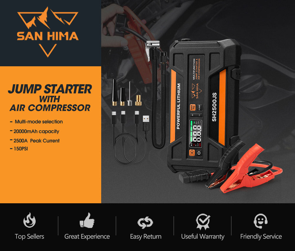 San Hima Jump Starter With Air Compressor 2500A Portable 12V Power Bank Pack - Sunyee