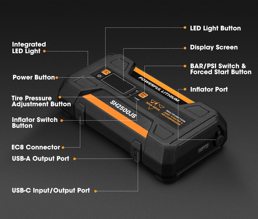 San Hima Jump Starter With Air Compressor 2500A Portable 12V Power Bank Pack - Sunyee