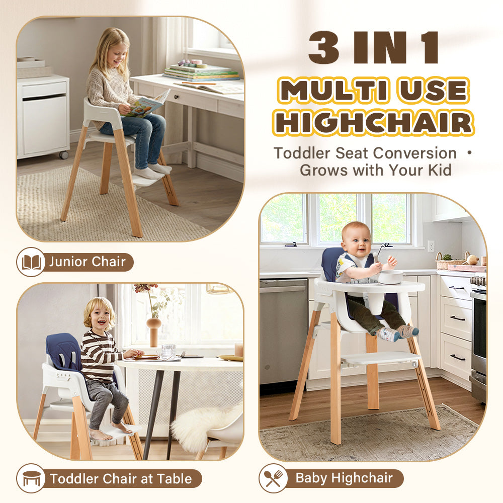 PlayPals Baby High Chair 3-In-1 Beech Wood Adjustable Height & Tray - Sunyee