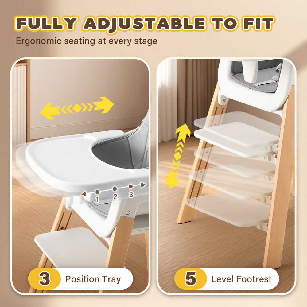 PlayPals Baby High Chair 3-In-1 Beech Wood Adjustable Height & Tray - Sunyee