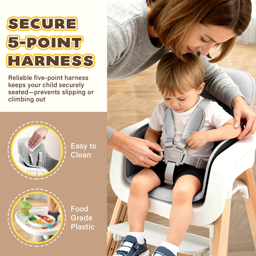 PlayPals Baby High Chair 3-In-1 Beech Wood Adjustable Height & Tray - Sunyee