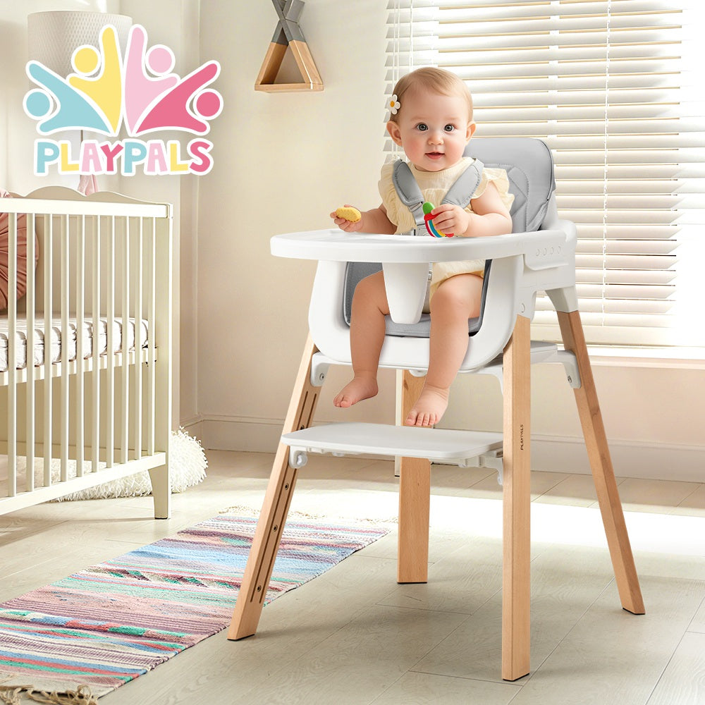 PlayPals Baby High Chair 3-In-1 Beech Wood Adjustable Height & Tray - Sunyee