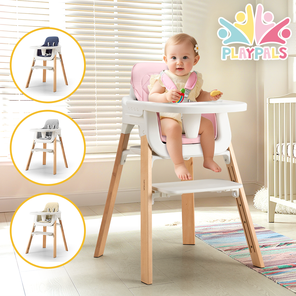 PlayPals Baby High Chair 3-In-1 Beech Wood Adjustable Height & Tray - Sunyee