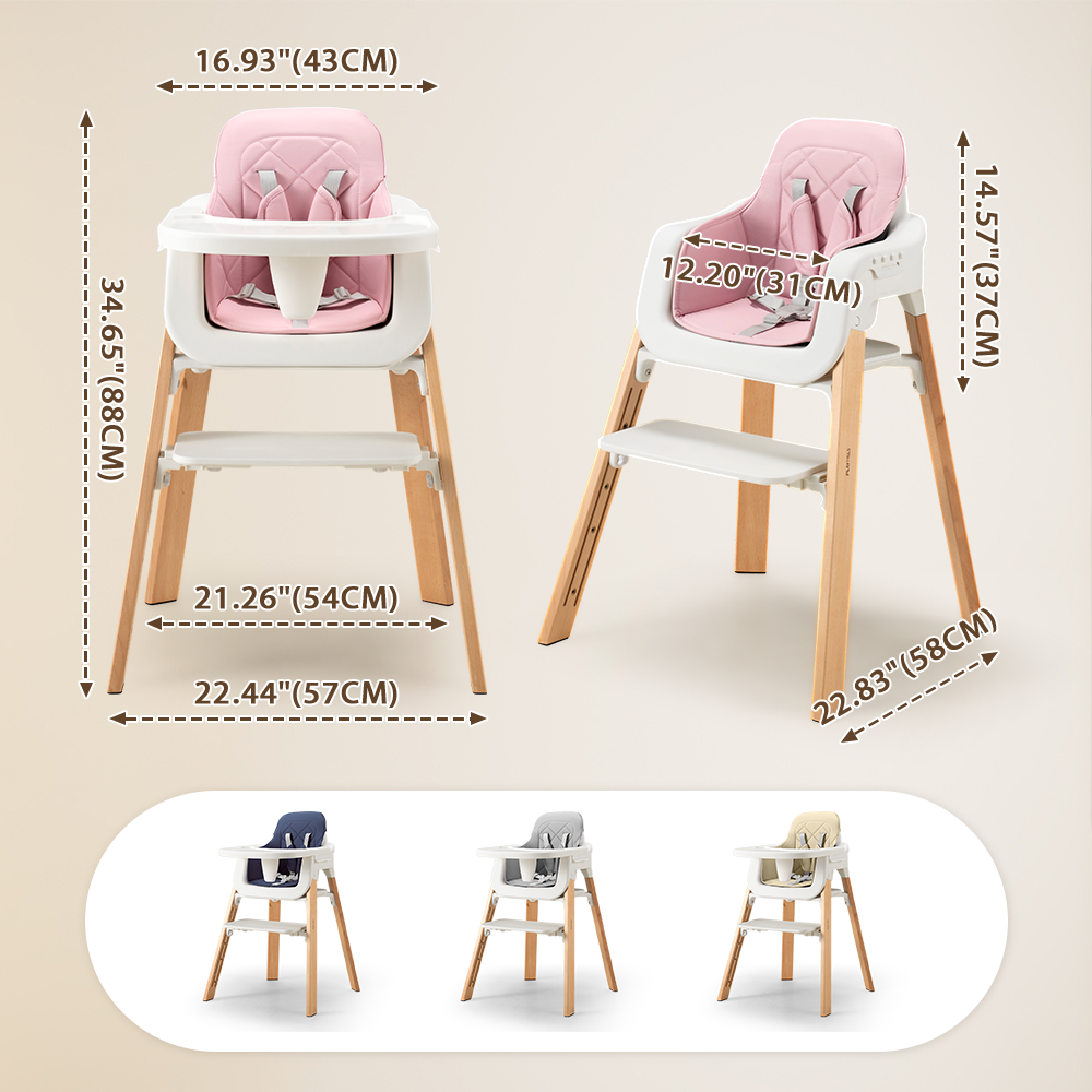 PlayPals Baby High Chair 3-In-1 Beech Wood Adjustable Height & Tray - Sunyee