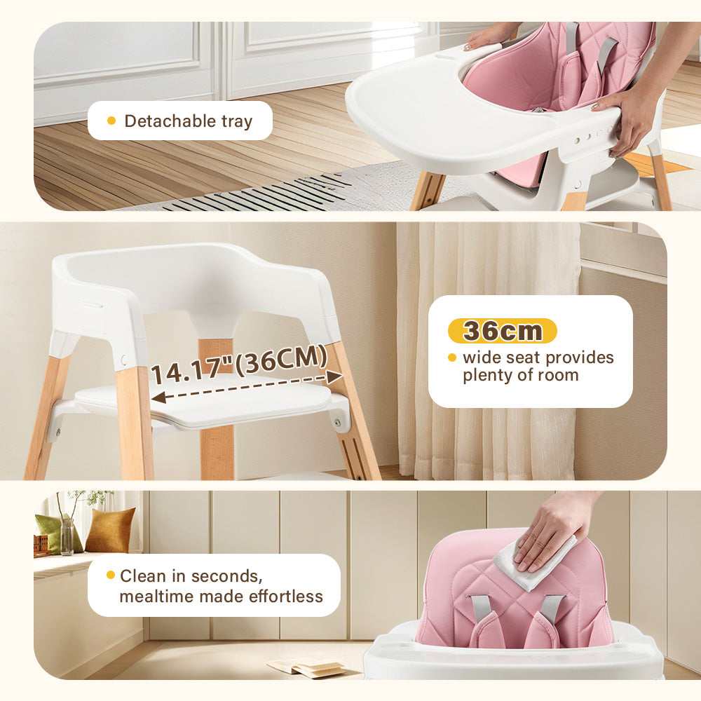 PlayPals Baby High Chair 3-In-1 Beech Wood Adjustable Height & Tray - Sunyee