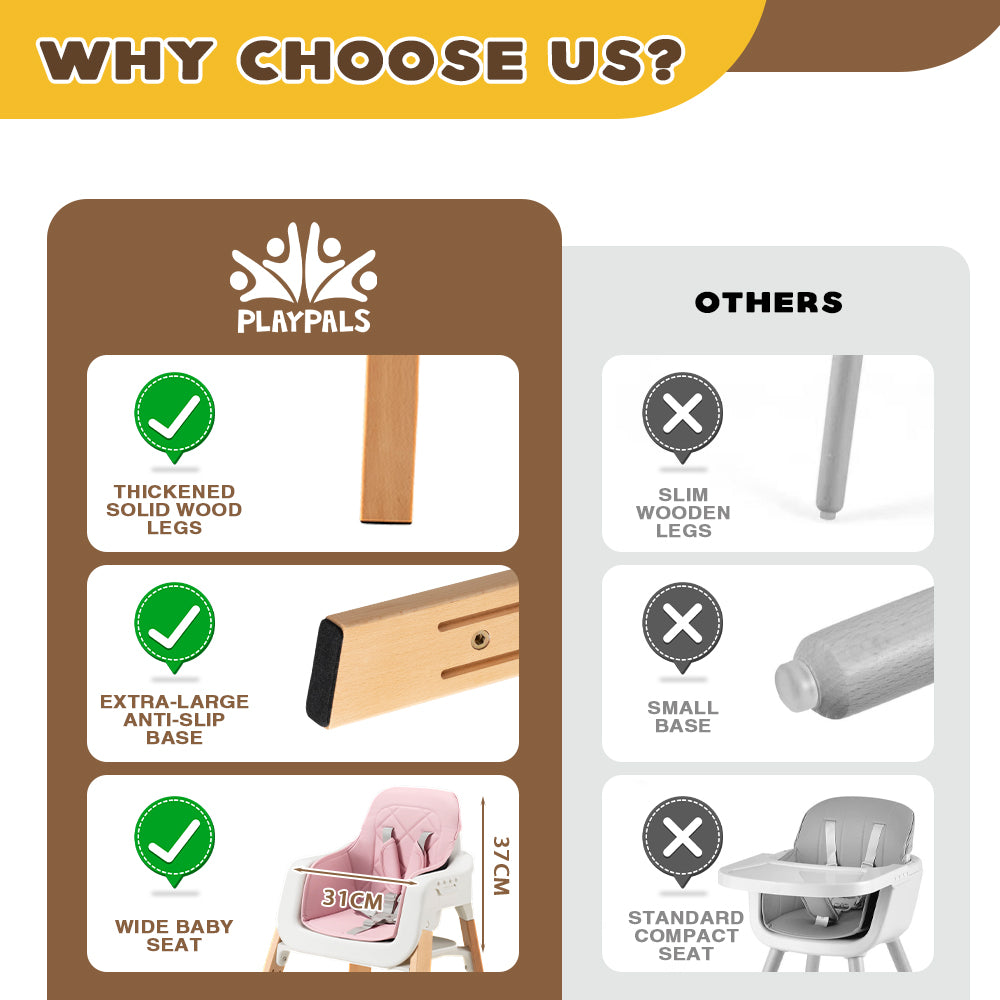 PlayPals Baby High Chair 3-In-1 Beech Wood Adjustable Height & Tray - Sunyee