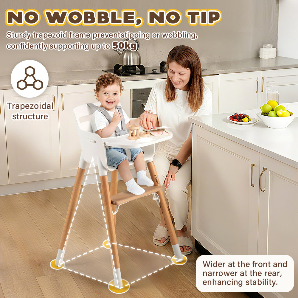 PlayPals Baby High Chair Beech Wood 2 Height Modes Adjustable Footrest