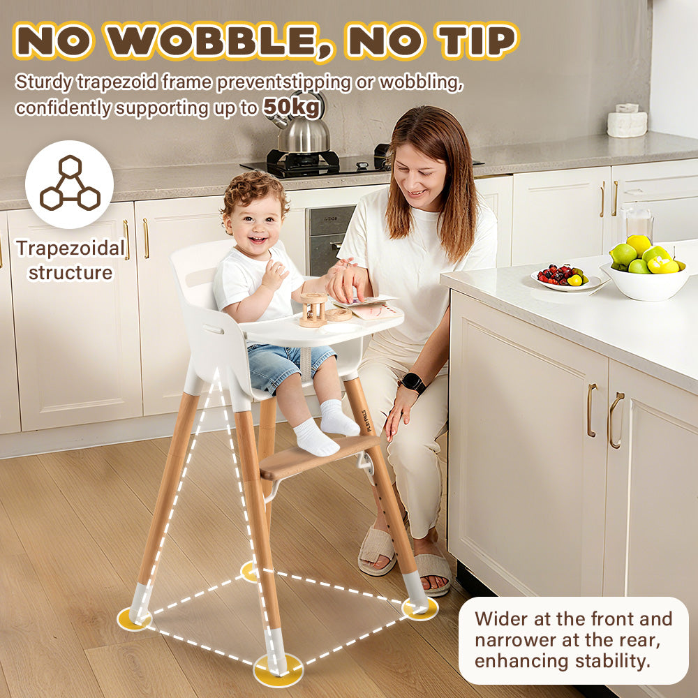 PlayPals Baby High Chair Beech Wood 2 Height Modes Adjustable Footrest - Sunyee