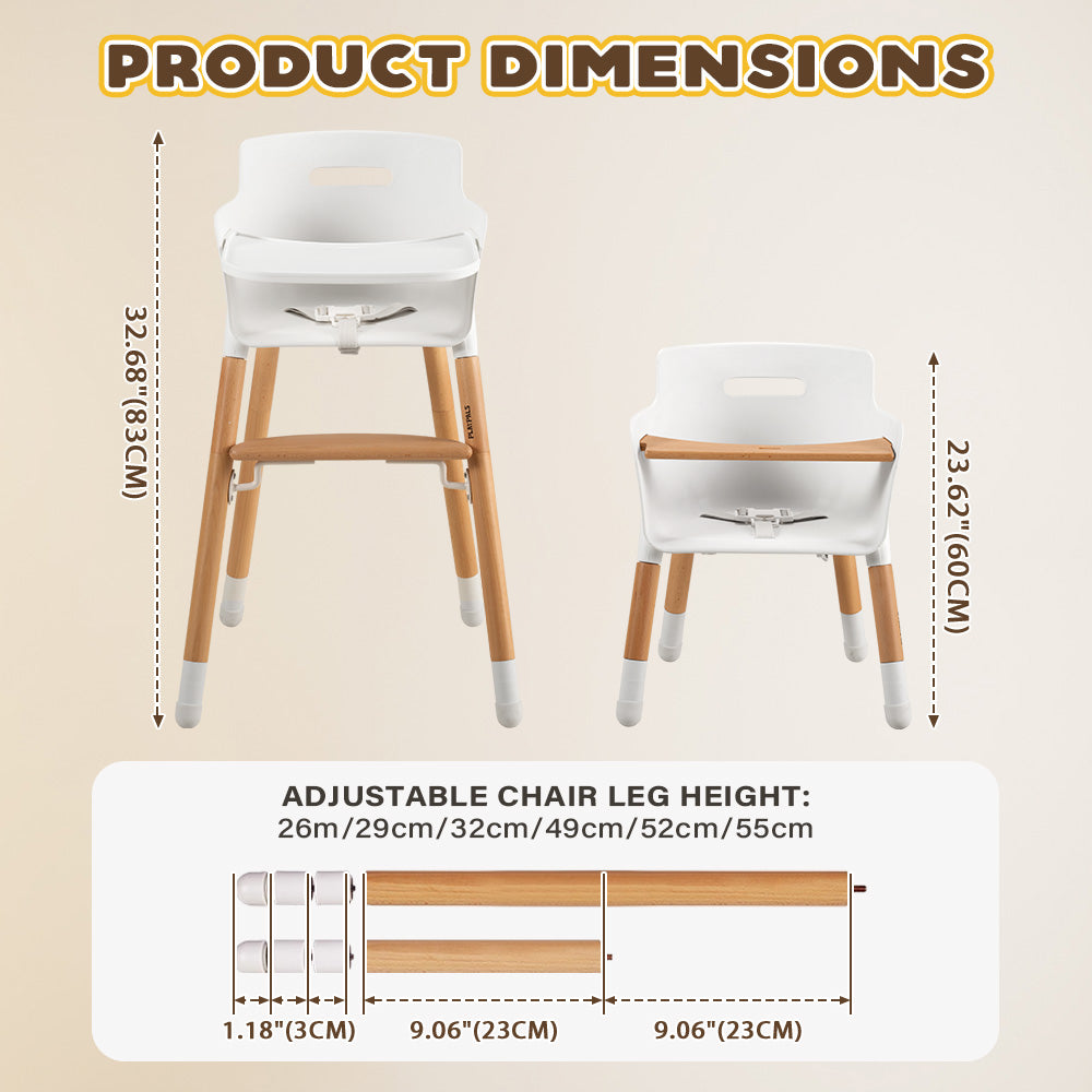 PlayPals Baby High Chair Beech Wood 2 Height Modes Adjustable Footrest - Sunyee