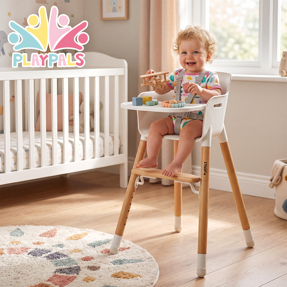 PlayPals Baby High Chair Beech Wood 2 Height Modes Adjustable Footrest