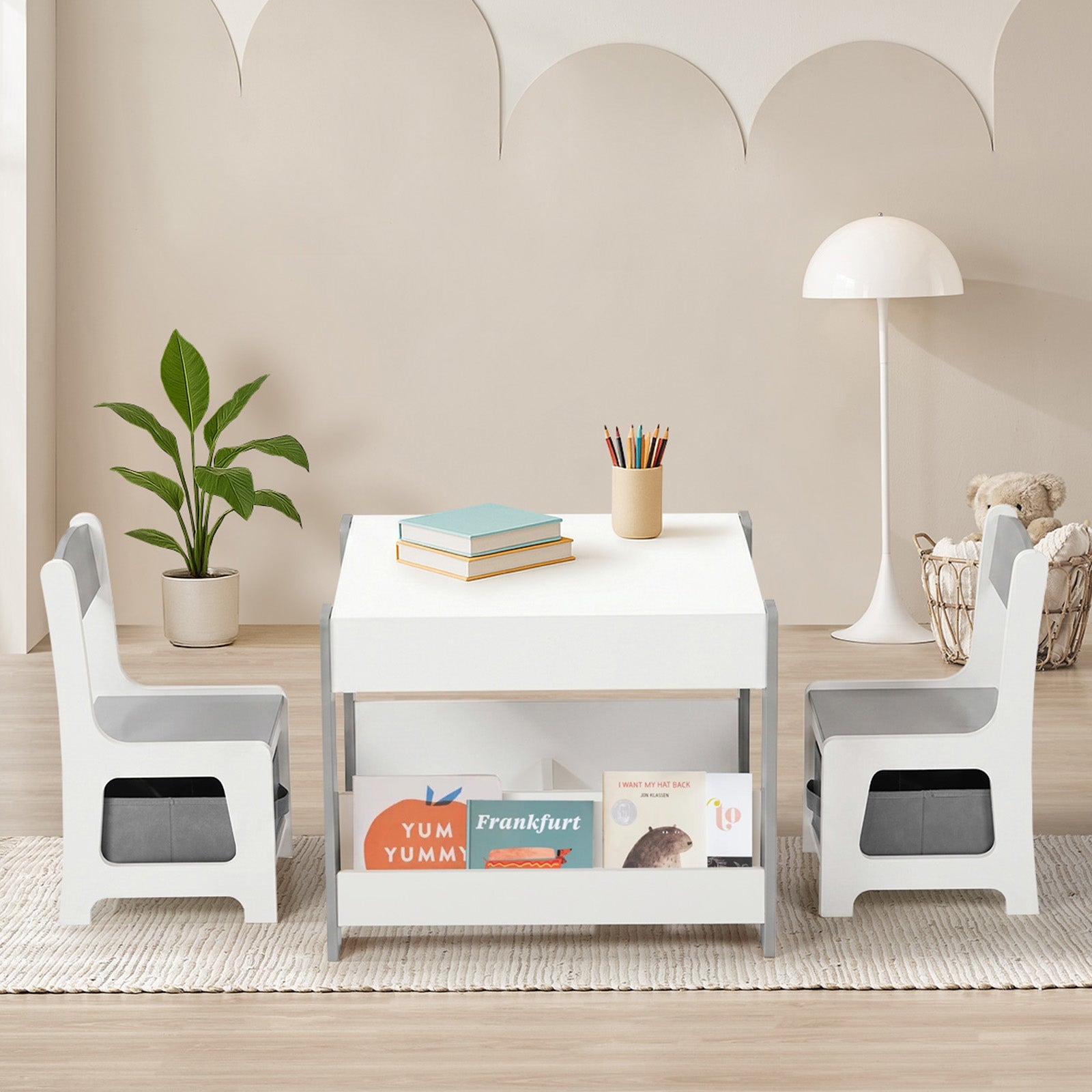 Oikiture Kids Table and Chairs Set Chalkboard Drawing Toys Storage Grey