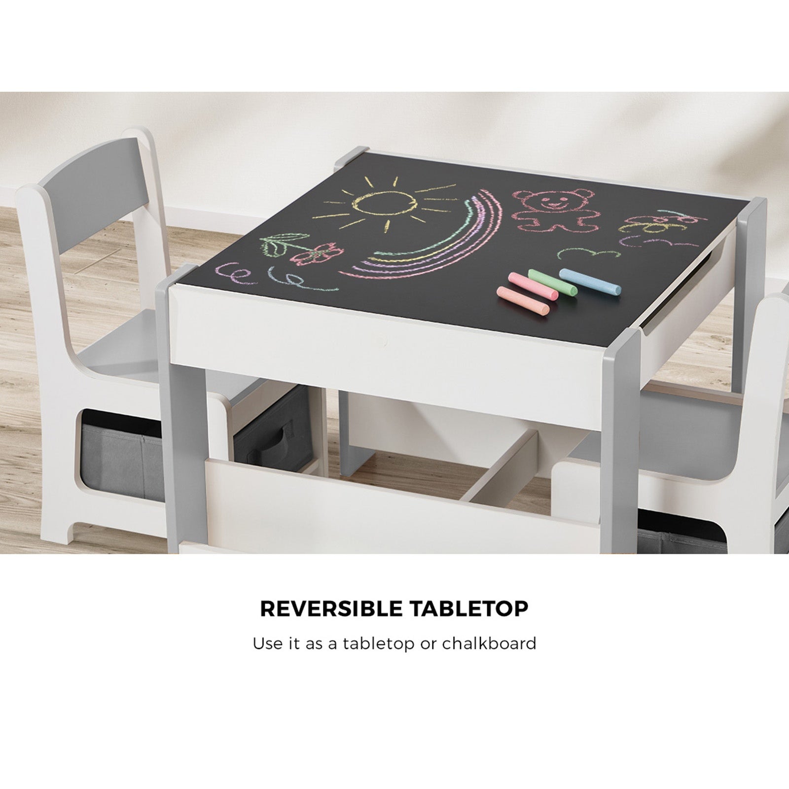 Oikiture Kids Table and Chairs Set Chalkboard Drawing Toys Storage Grey