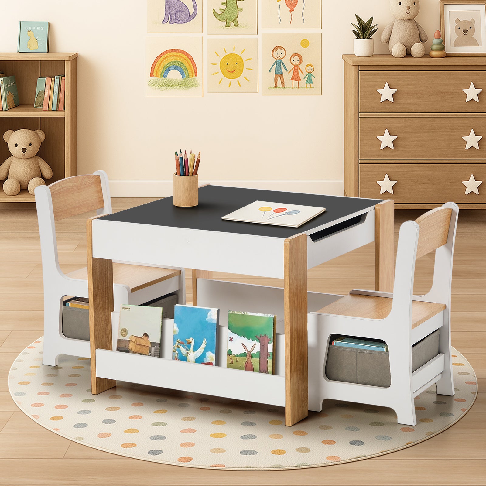 Oikiture Kids Table and Chairs Set Chalkboard Drawing Toys Storage Bookshelf - Sunyee