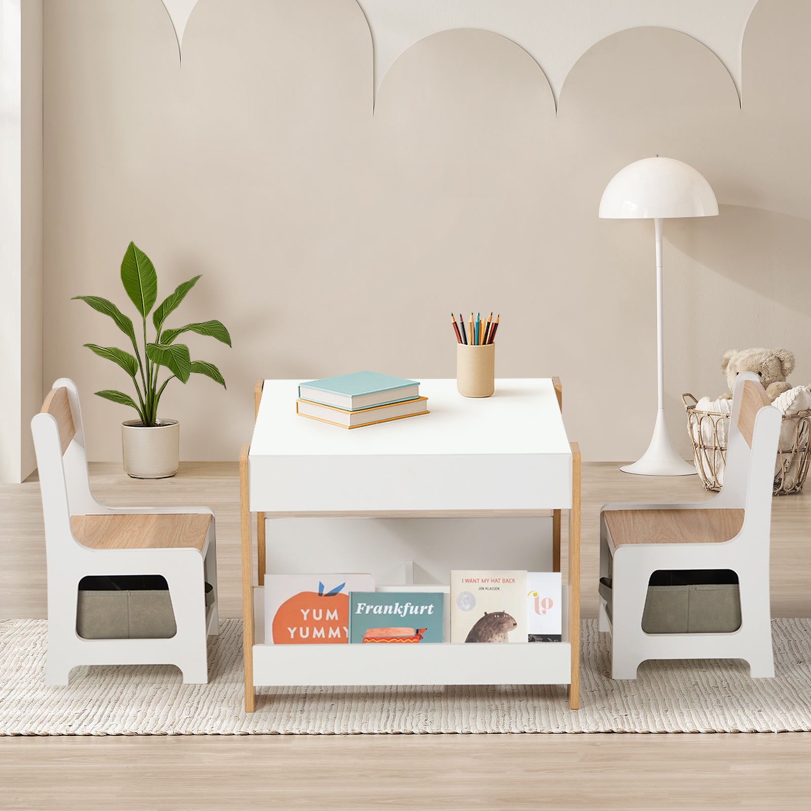 Oikiture Kids Table and Chairs Set Chalkboard Drawing Toys Storage Bookshelf - Sunyee