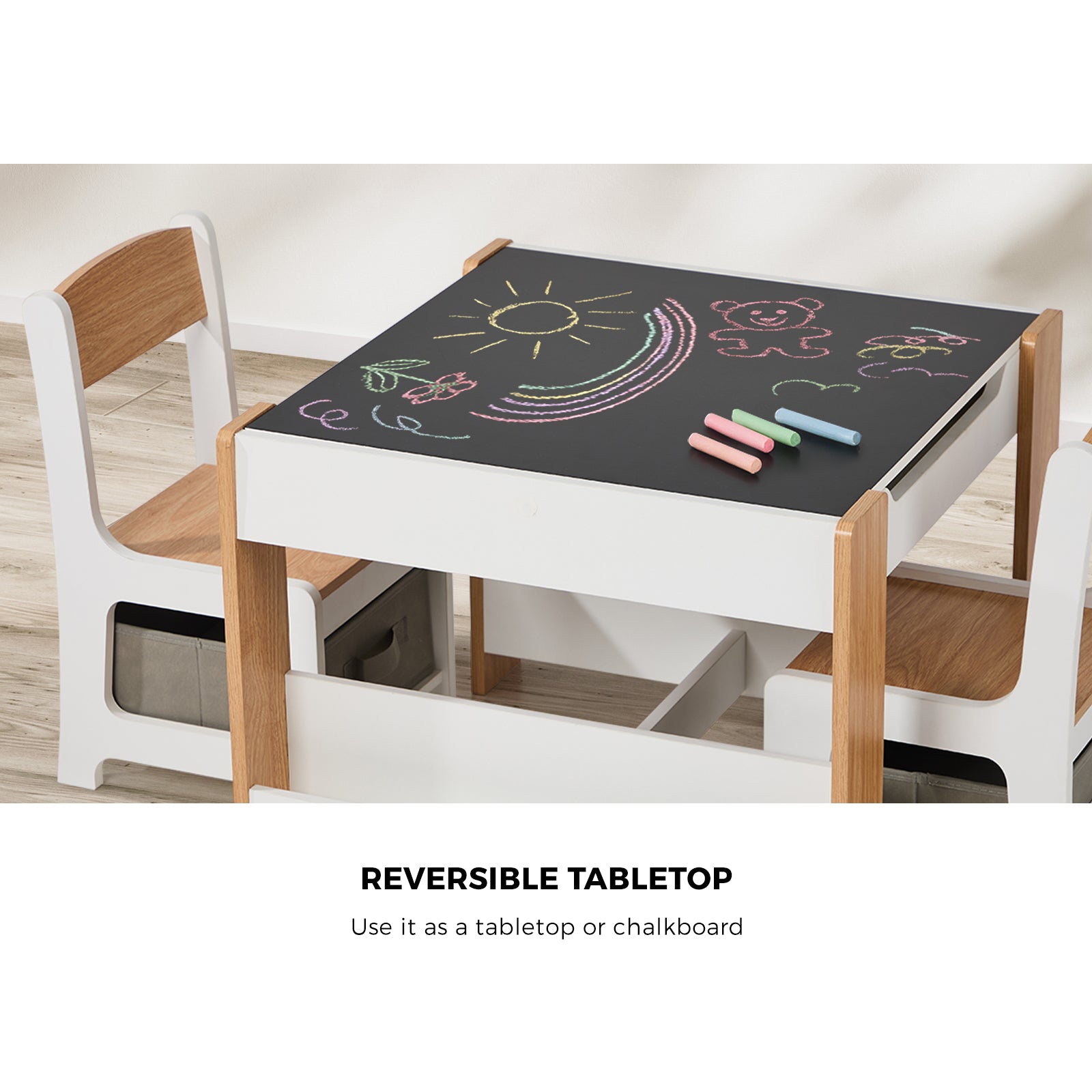 Oikiture Kids Table and Chairs Set Chalkboard Drawing Toys Storage Bookshelf - Sunyee