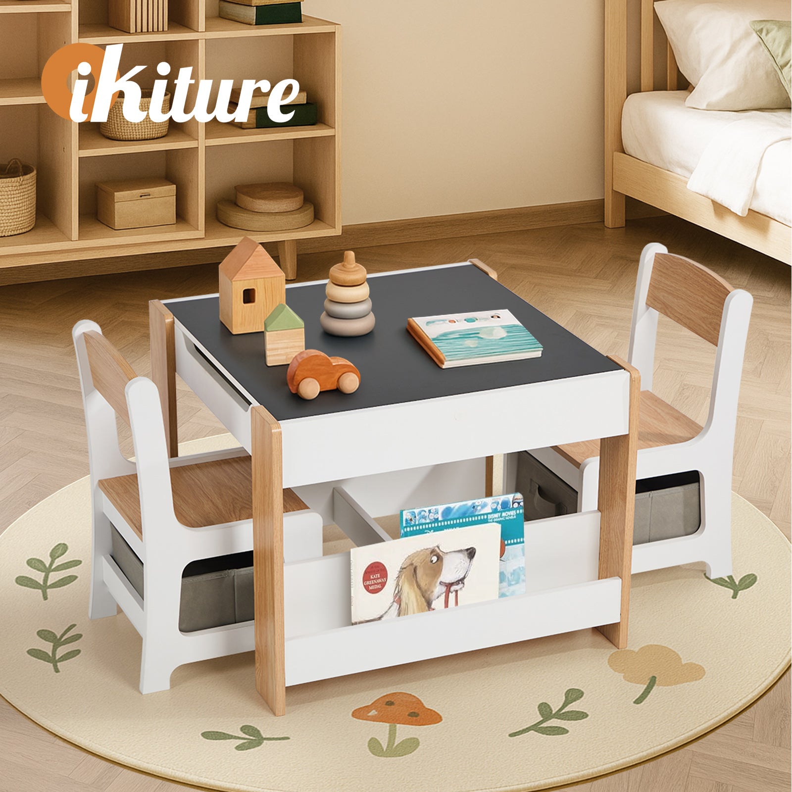 Oikiture Kids Table and Chairs Set Chalkboard Drawing Toys Storage Bookshelf - Sunyee