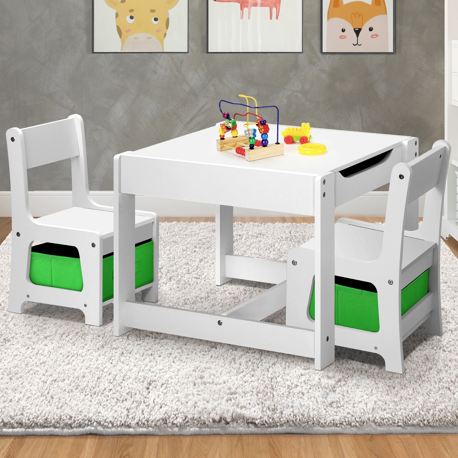 Oikiture Kids Table and Chair Set Storage Box Toys Wooden Play Activity Desk Stu - Sunyee