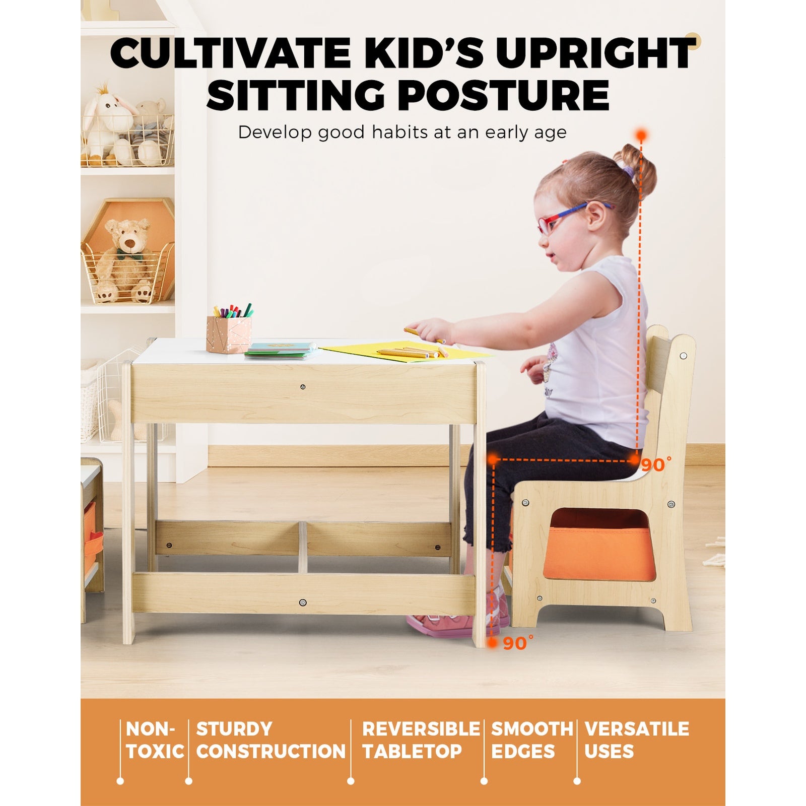 Oikiture Kids Table and Chairs Set Activity Play Study Desk Toys Storage Box - Sunyee