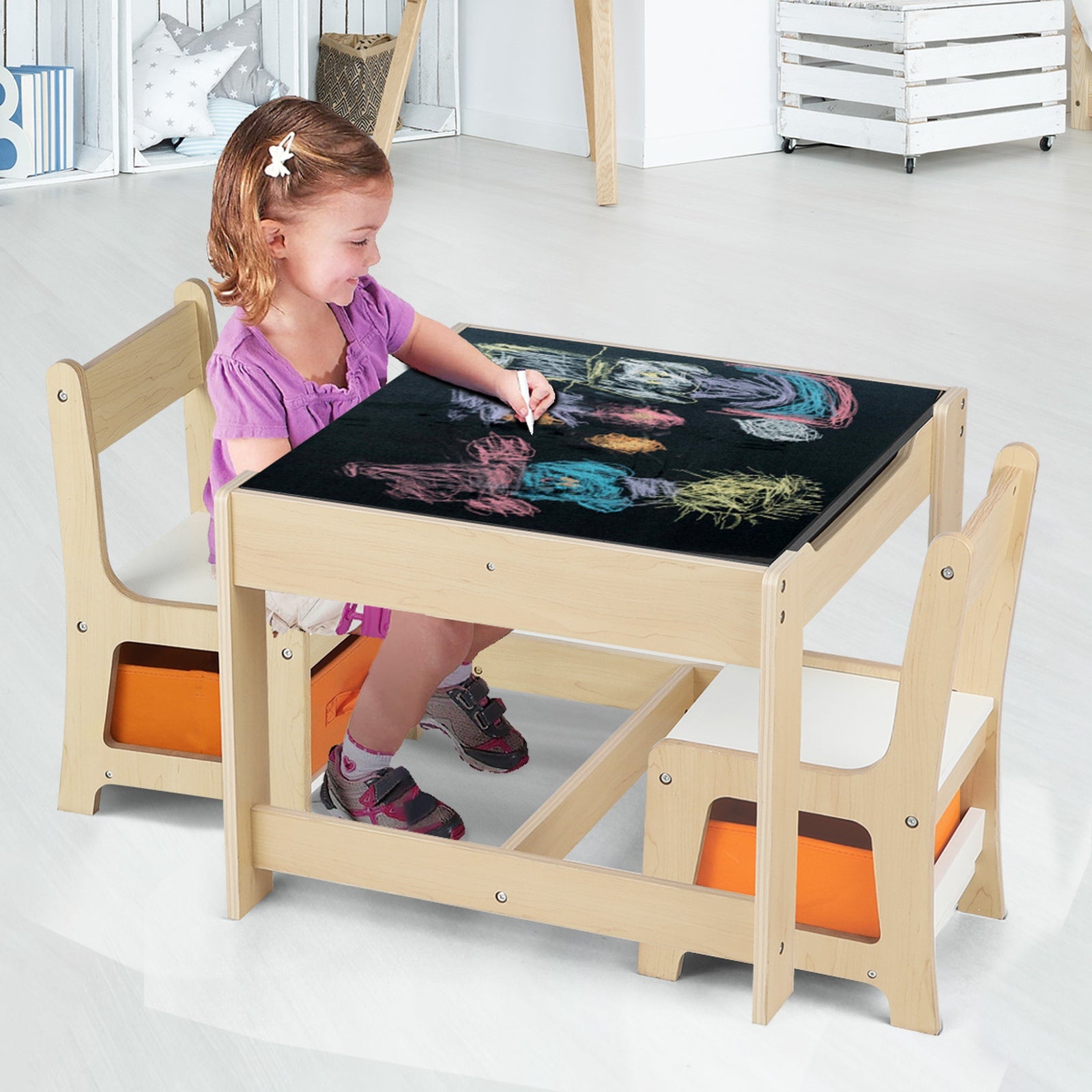 Oikiture Kids Table and Chairs Set Activity Play Study Desk Toys Storage Box - Sunyee