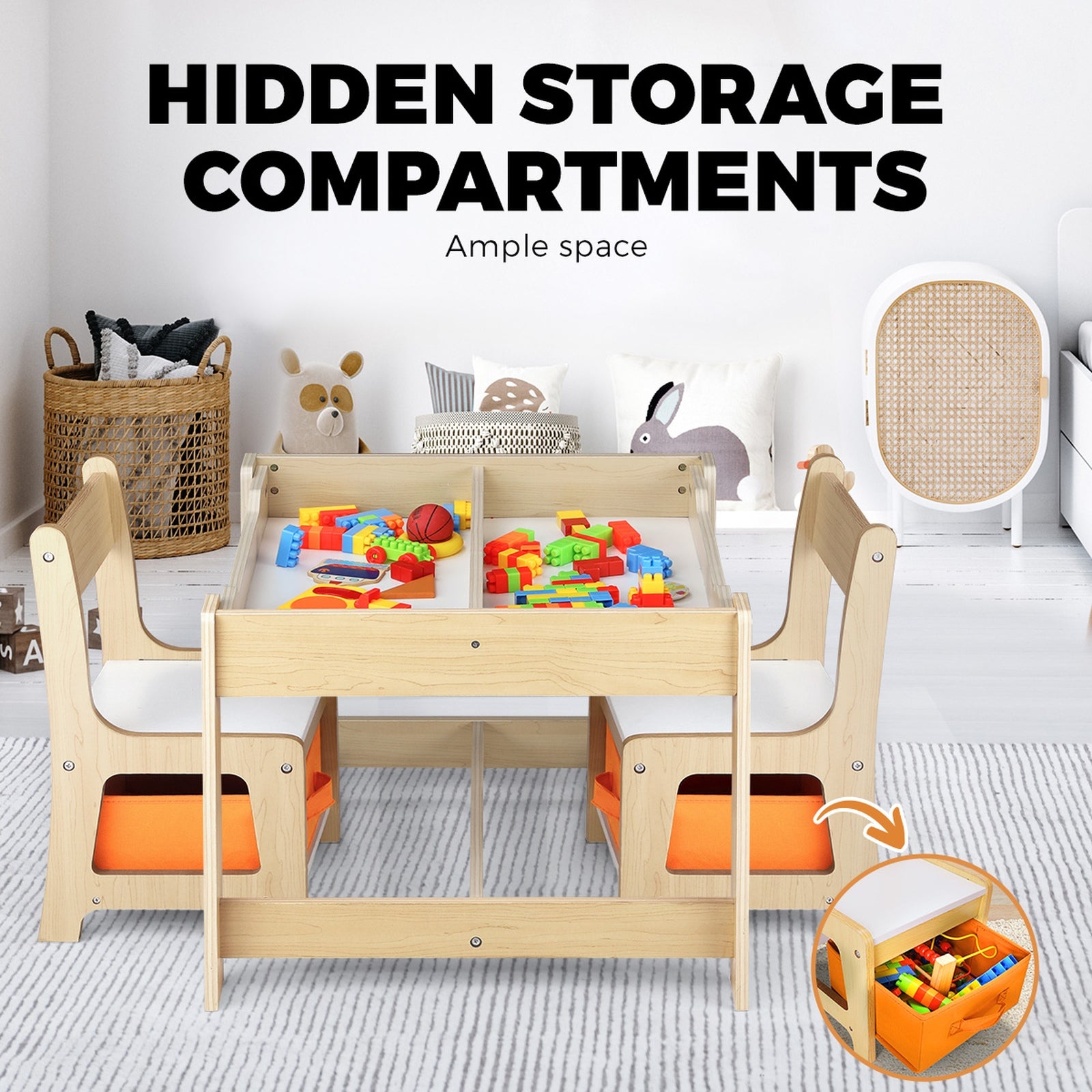 Oikiture Kids Table and Chairs Set Activity Play Study Desk Toys Storage Box - Sunyee