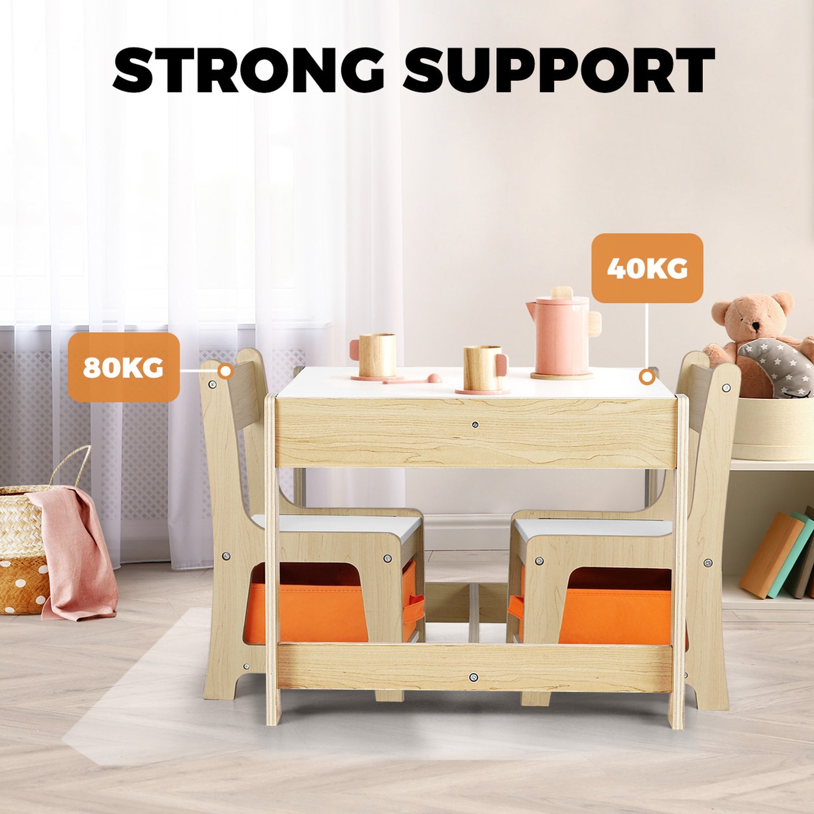 Oikiture Kids Table and Chairs Set Activity Play Study Desk Toys Storage Box - Sunyee