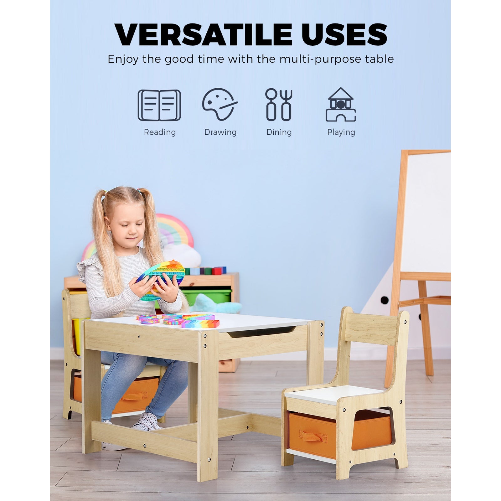Oikiture Kids Table and Chairs Set Activity Play Study Desk Toys Storage Box - Sunyee