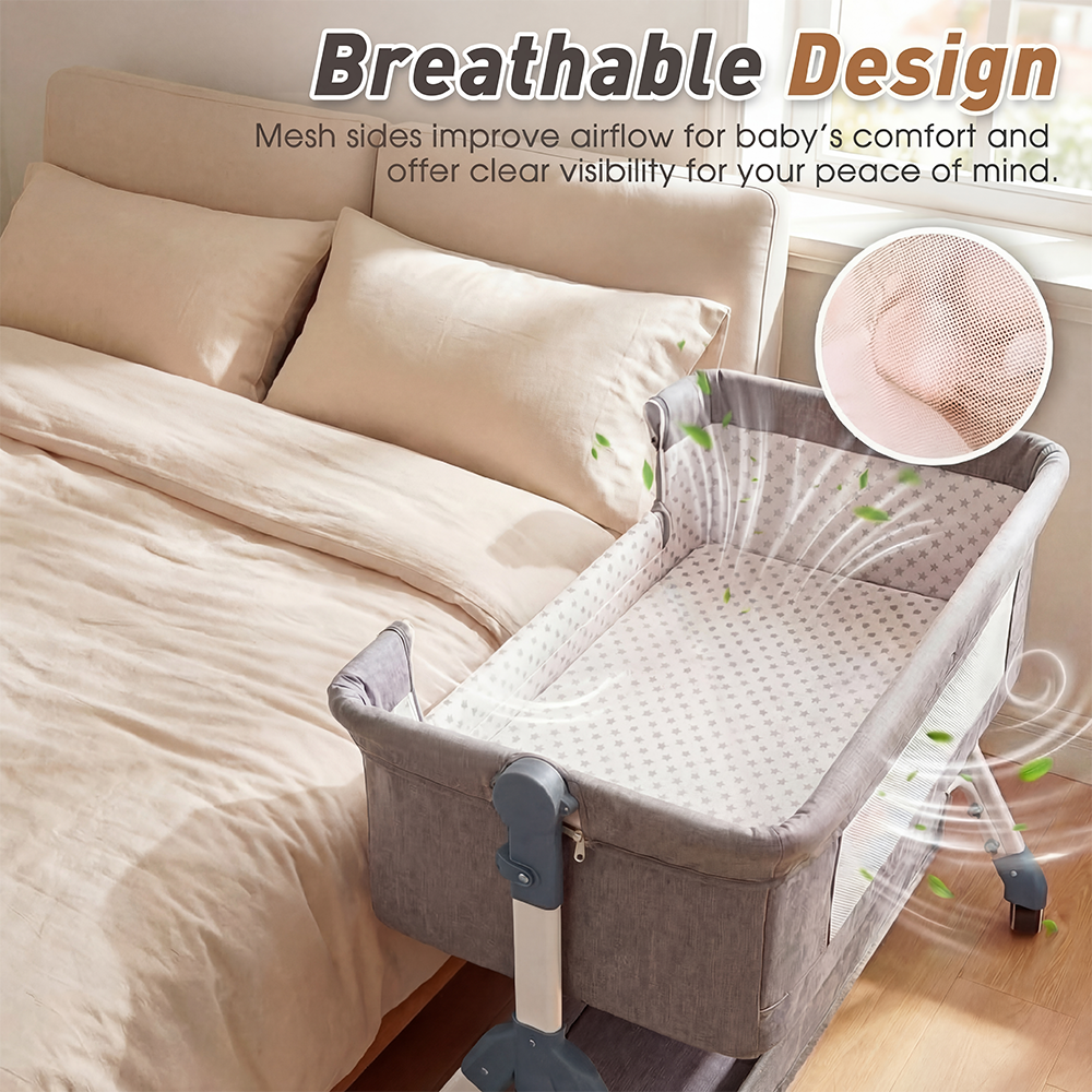 PlayPals Baby Cot Crib Bed Portable Bassinet Bedside Sleeper Adjustable Height - Sunyee