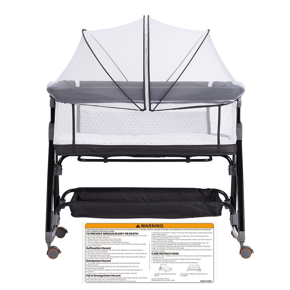 PlayPals 3-in-1 Baby Cot Crib Bed Bassinet Bedside Sleeper Portable Black