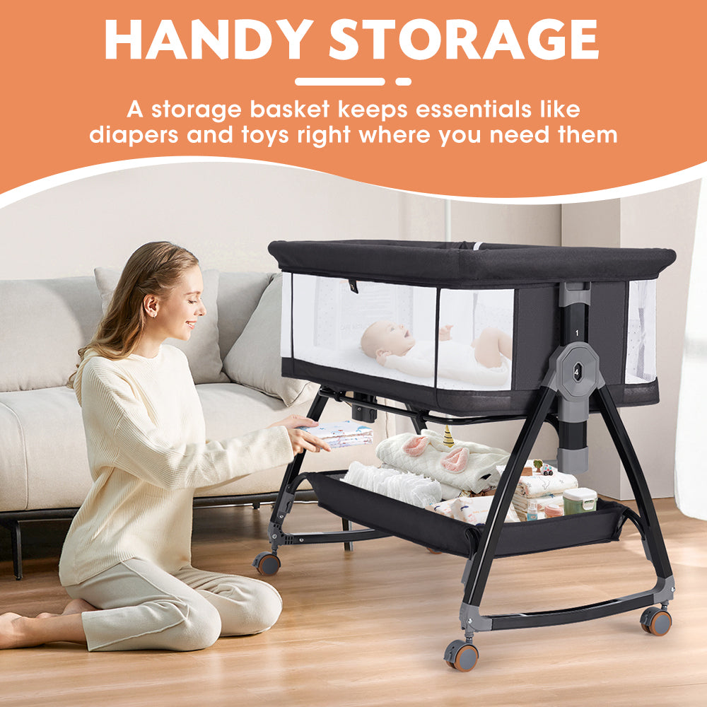 PlayPals 3-in-1 Baby Cot Crib Bed Bassinet Bedside Sleeper Portable Black - Sunyee