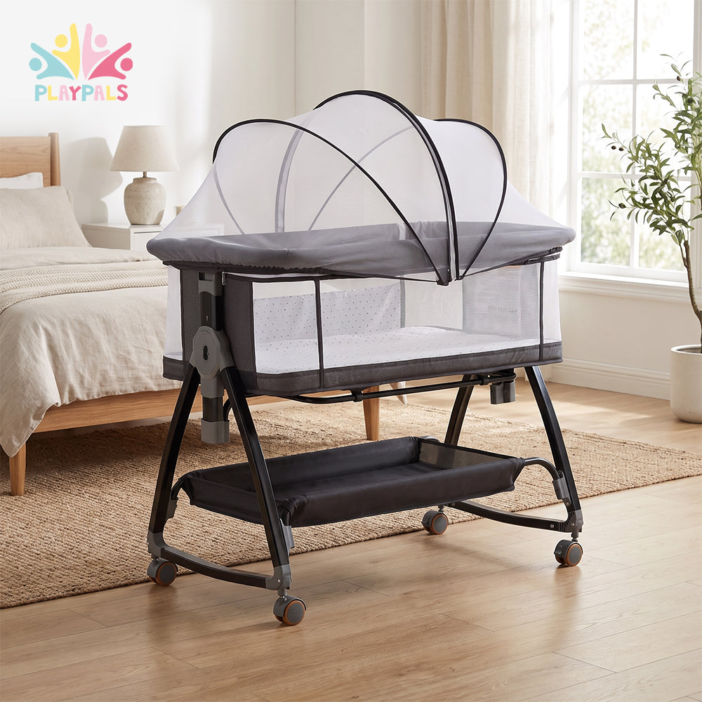 PlayPals 3-in-1 Baby Cot Crib Bed Bassinet Bedside Sleeper Portable Black