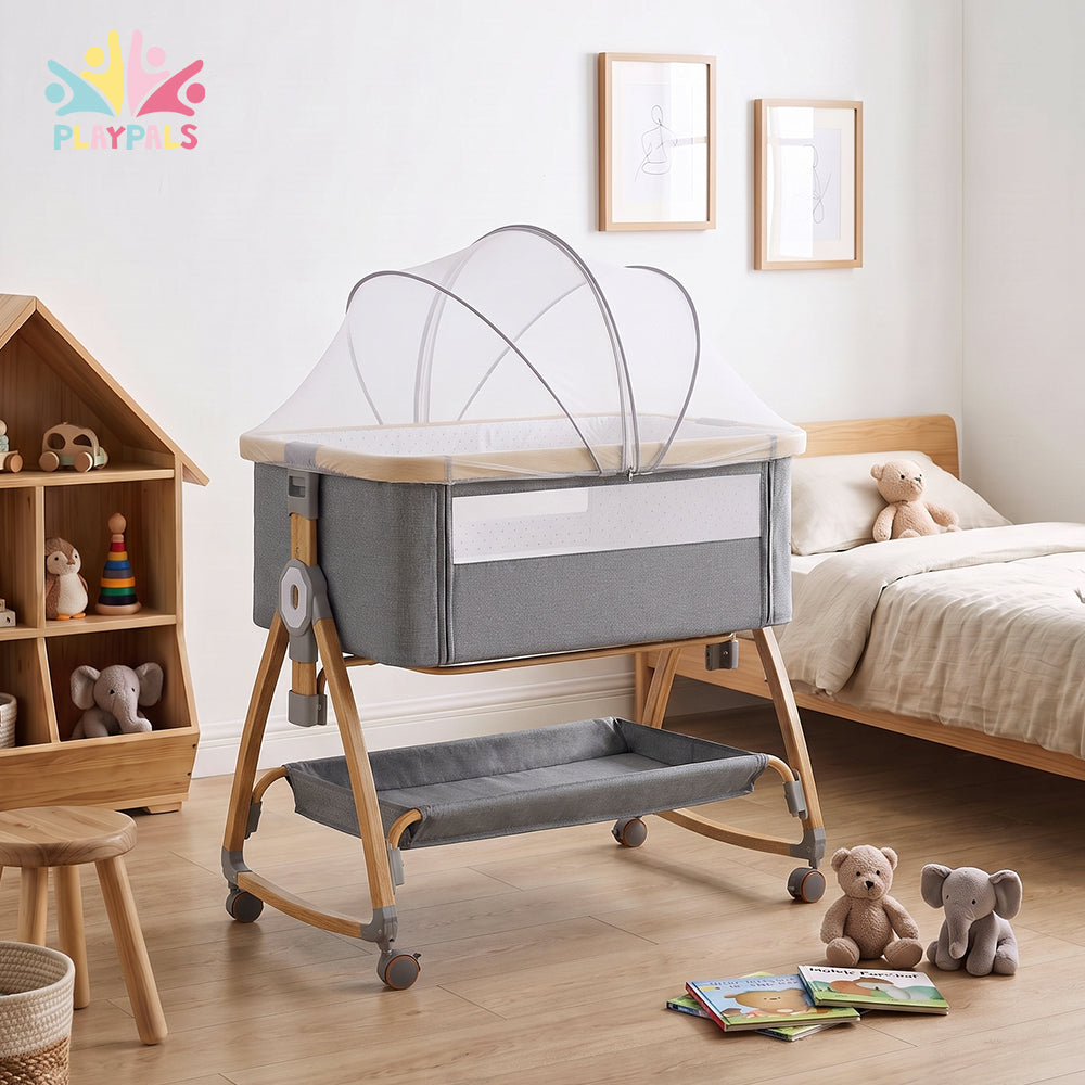 PlayPals 3-in-1 Baby Cot Crib Bed Bassinet Bedside Sleeper Portable Grey