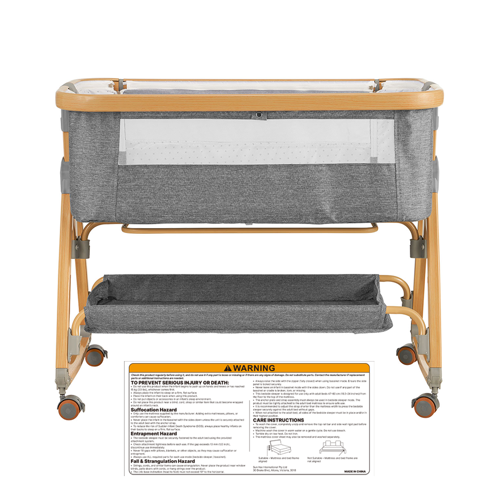 PlayPals 3-in-1 Baby Cot Crib Bed Bassinet Bedside Sleeper Portable Grey