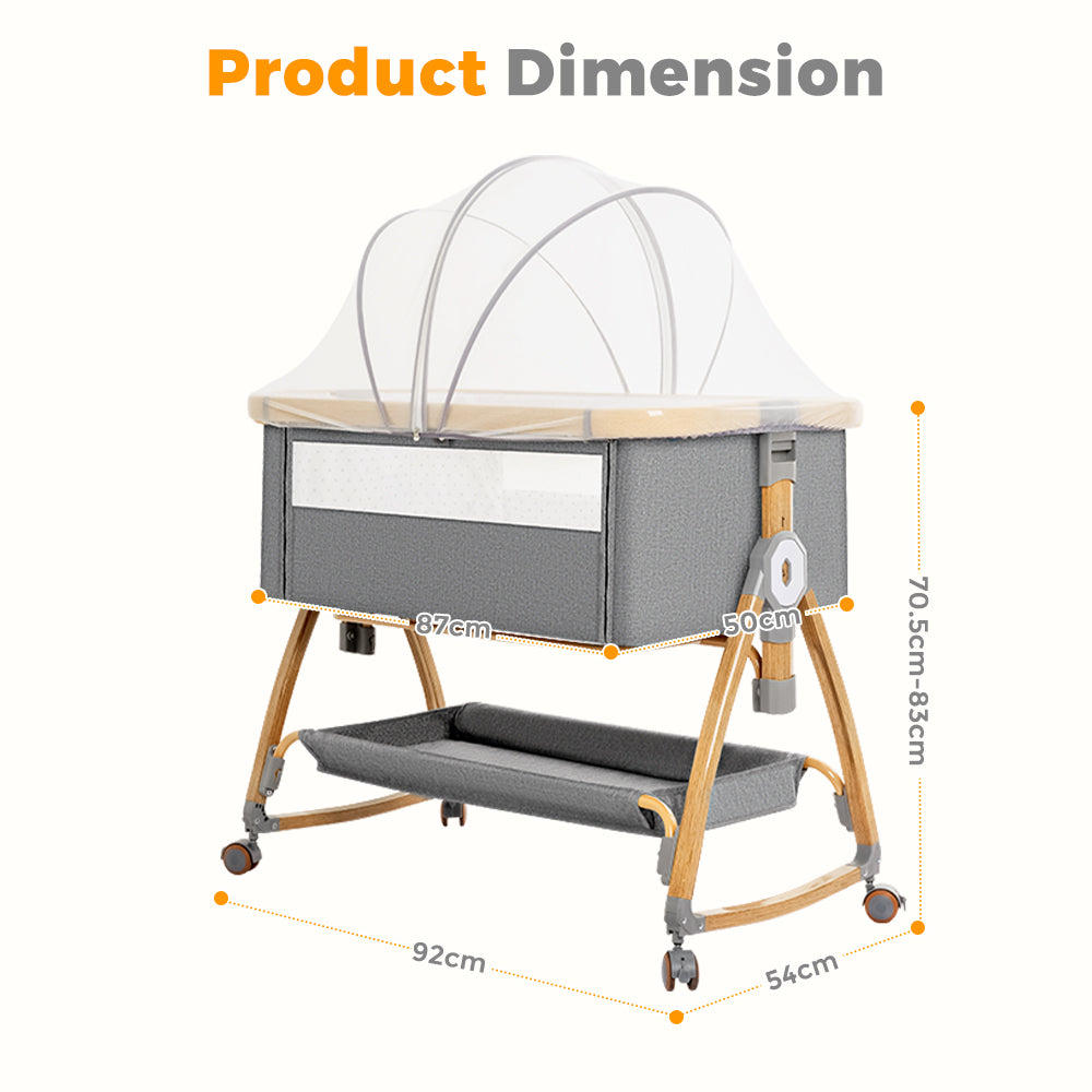 PlayPals 3-in-1 Baby Cot Crib Bed Bassinet Bedside Sleeper Portable Grey