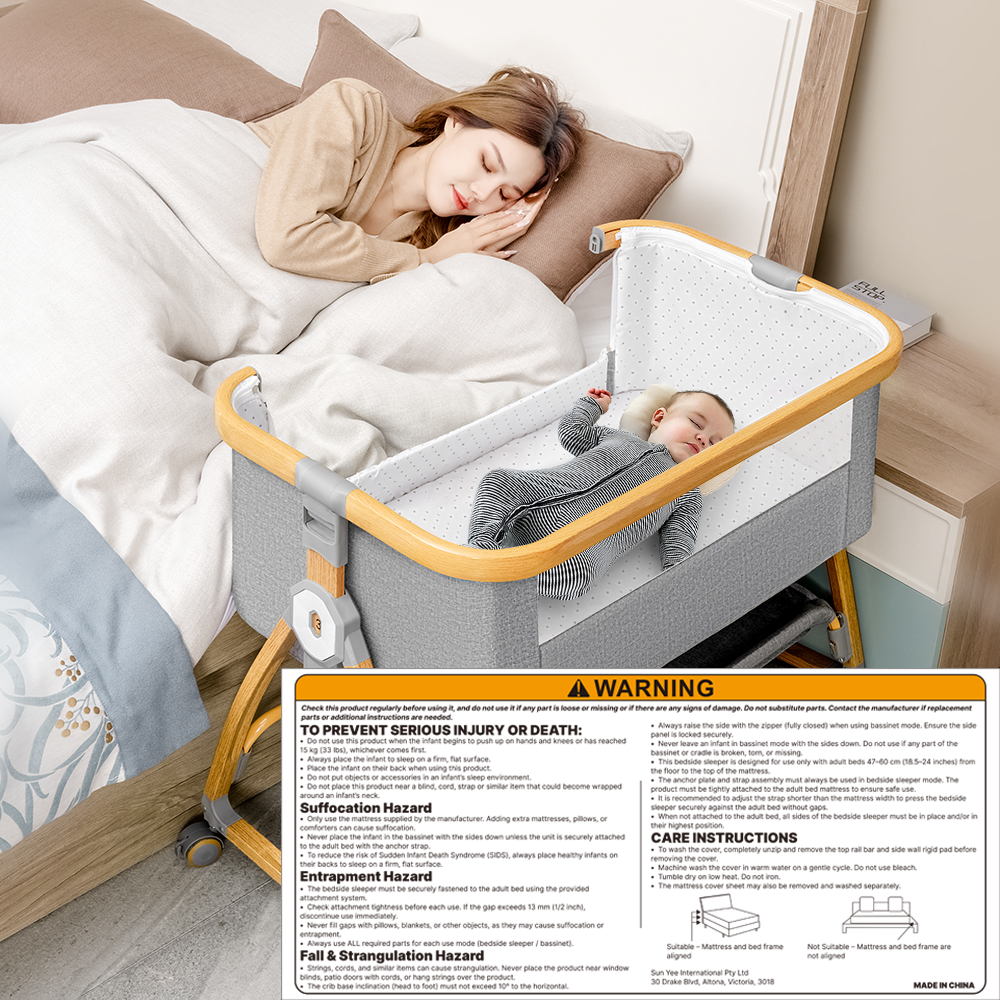 PlayPals 3-in-1 Baby Cot Crib Bed Bassinet Bedside Sleeper Portable Grey