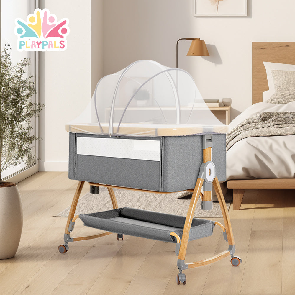 PlayPals 3-in-1 Baby Cot Crib Bed Bassinet Bedside Sleeper Portable Grey - Sunyee