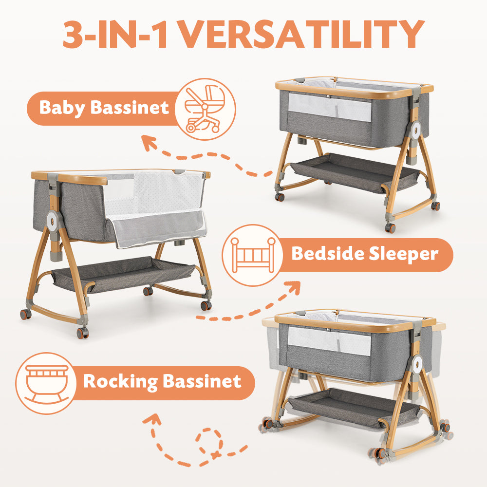 PlayPals 3-in-1 Baby Cot Crib Bed Bassinet Bedside Sleeper Portable Grey