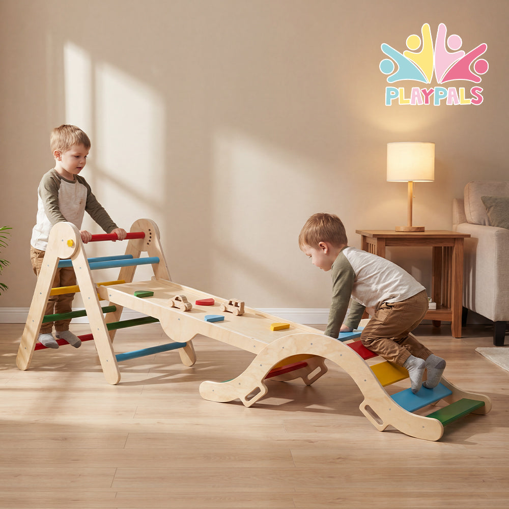 PlayPals 6-In-1 Pikler Triangle Set Wooden Montessori Climbing for Toddlers - Sunyee